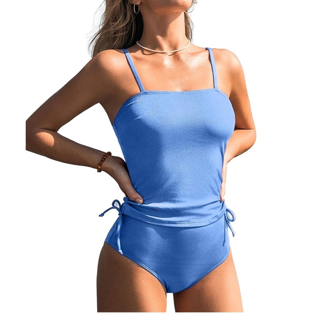 Cupshe Women Tankini M Blue Ribbed Ruched High Waisted Two Piece Swimsuit
